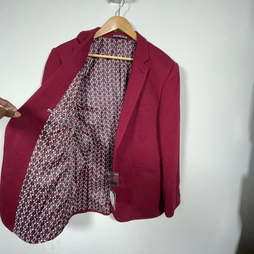Suslo Couture Azaro Uomo Blazer Mens 44 XL Burgundy Textured Slim Fit Sport Coat